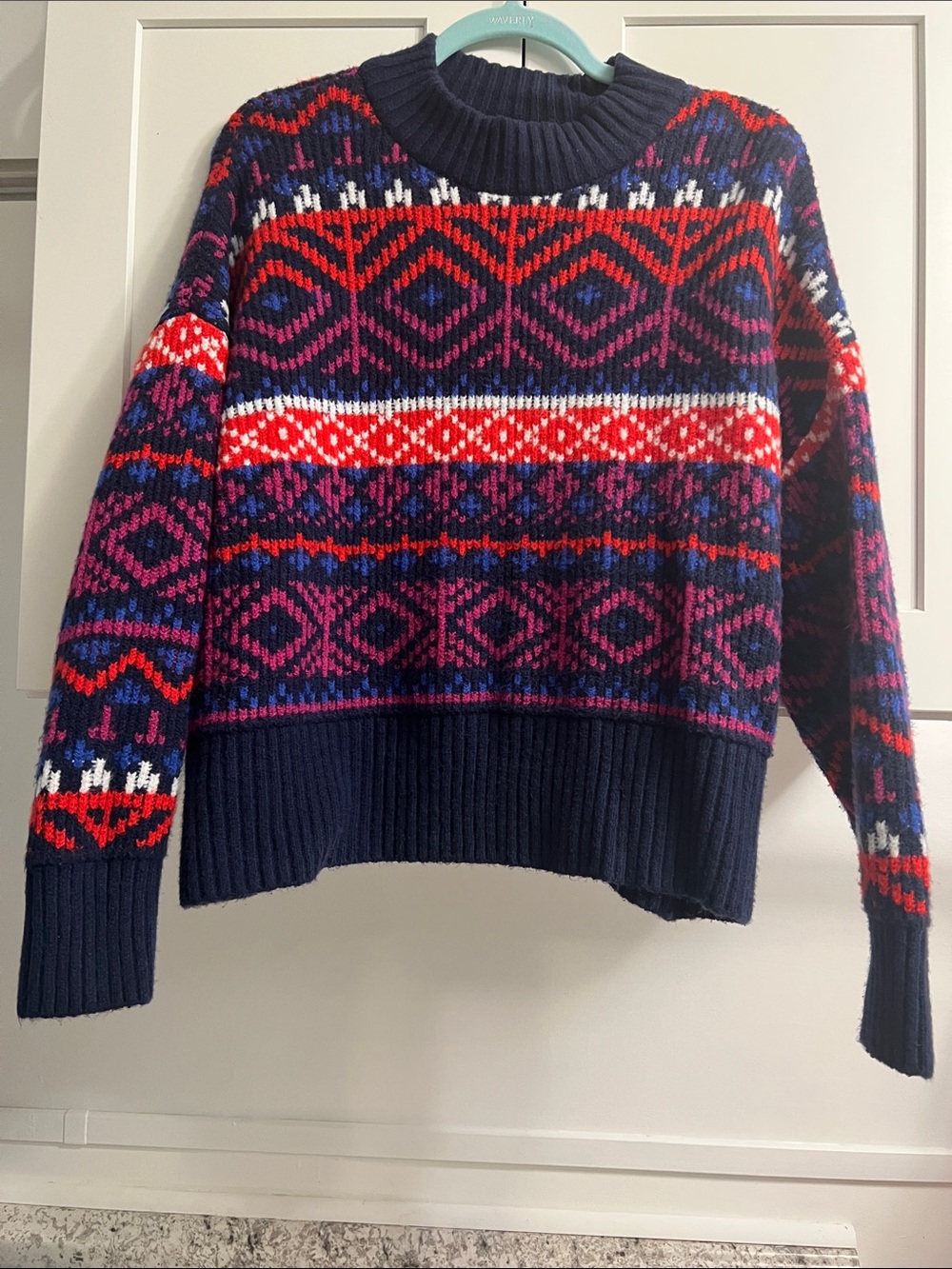 Old Navy Navy Fair Isle Crewneck Sweater with Red & Pink Pattern